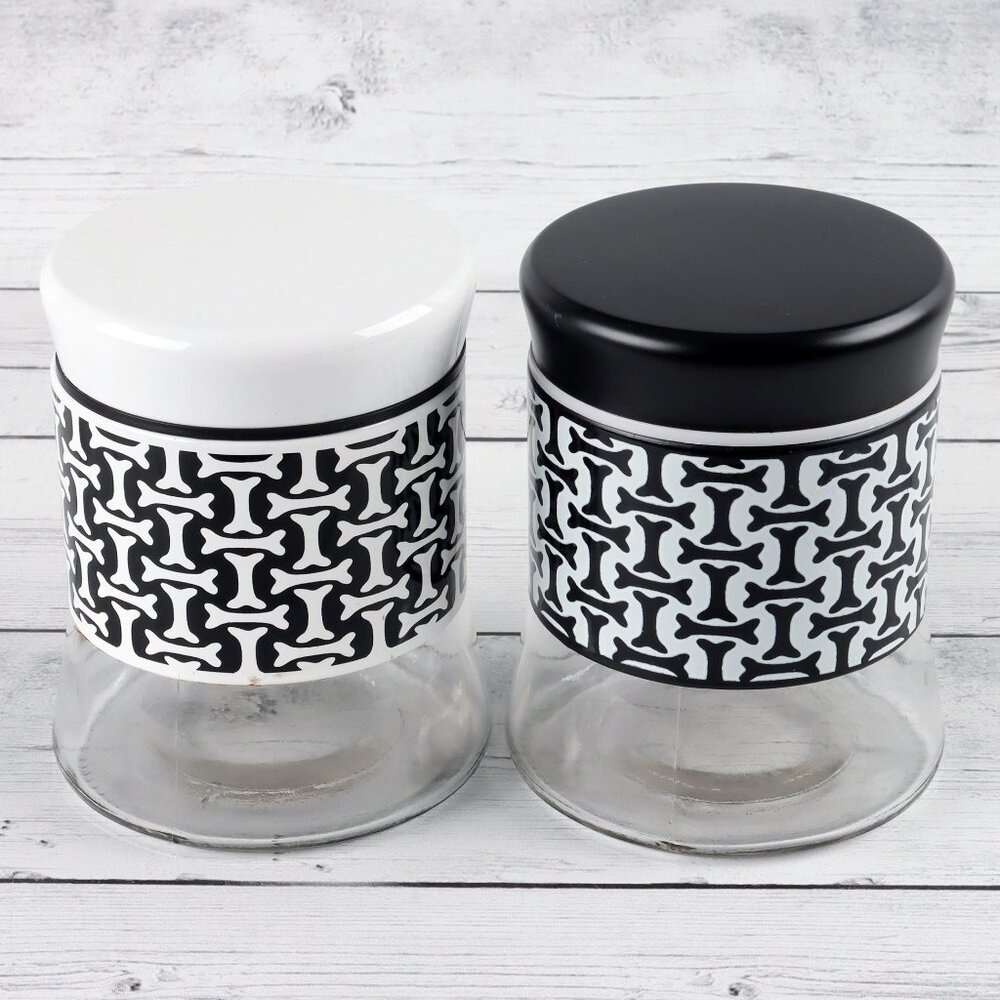 Set of 2 Glass Treat Jars - Black & White Dog Bone Pattern NWOT